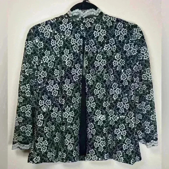 Alex Evenings 3/4 Sleeve Embroidered Blouse Black Silver Sequins Size Medium - Picture 8 of 11